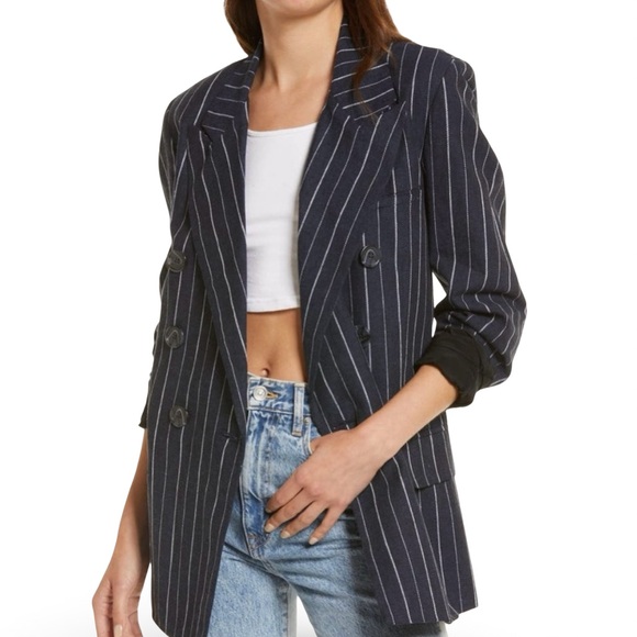 NEW! Free People Ashby Blazer Linen Navy Double-Breasted Pinstripe Size Large. - Picture 9 of 9